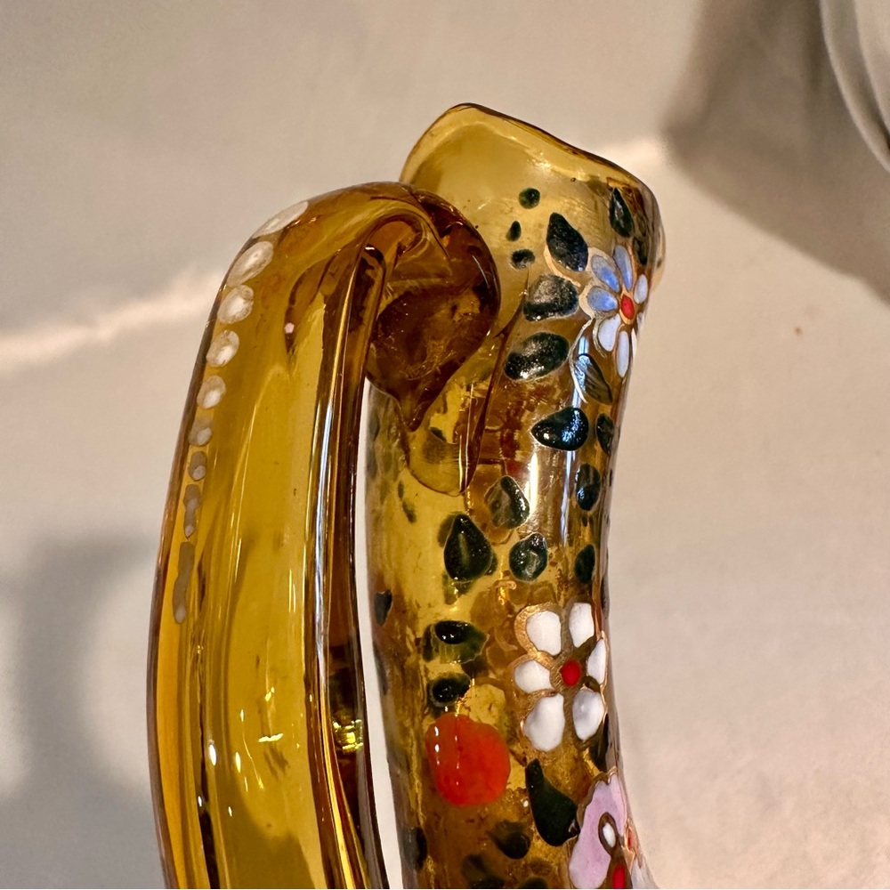 Vintage Hand-Painted Floral Enamelled Amber Hand Blown Glass Vase Pitcher Ewer - Picture 8 of 9
